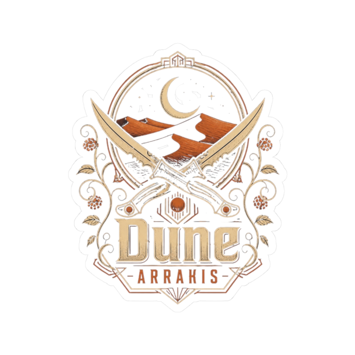 Dune " in bold, vintage-styled text beneath the emblem with " Sticker - Official stickers merchandise